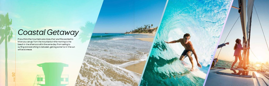 Page 92 — Coastal Getaway spread with beach surfing and sailing photography