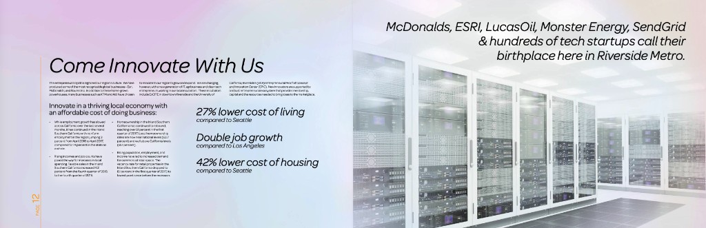 Page 12 — Come Innovate With Us spread with regional data center photography
