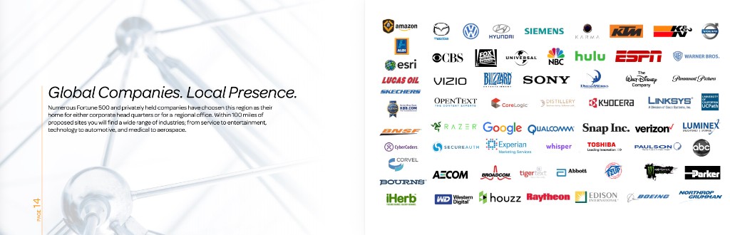 Page 14 — Global Companies Local Presence spread with Fortune 500 logo grid