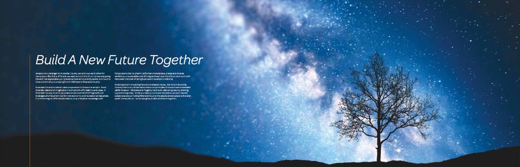 Build A New Future Together — closing spread with Milky Way photography and partnership message to Amazon