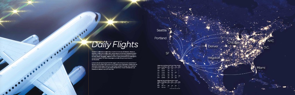 Daily Flights spread with North American airport connectivity map and flight tables