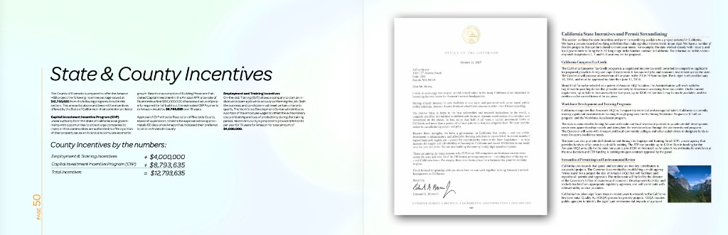 Page 50 — State and County Incentives spread with Governor Brown letter to Jeff Bezos