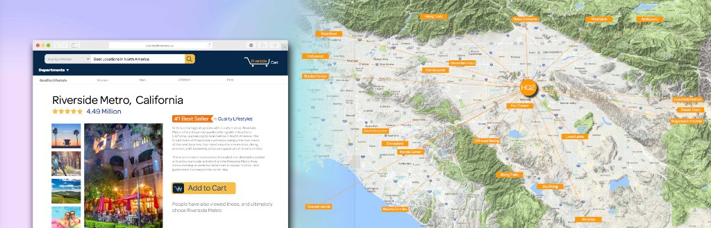 Riverside Cart spread — Amazon-style product page and regional attractions map