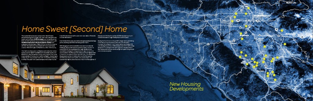 Home Sweet Second Home spread with Inland Empire housing map and luxury home photography