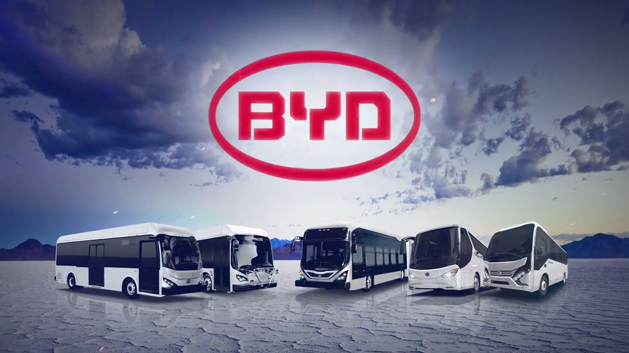 BYD electric bus lineup — California Transit Association keynote hype video