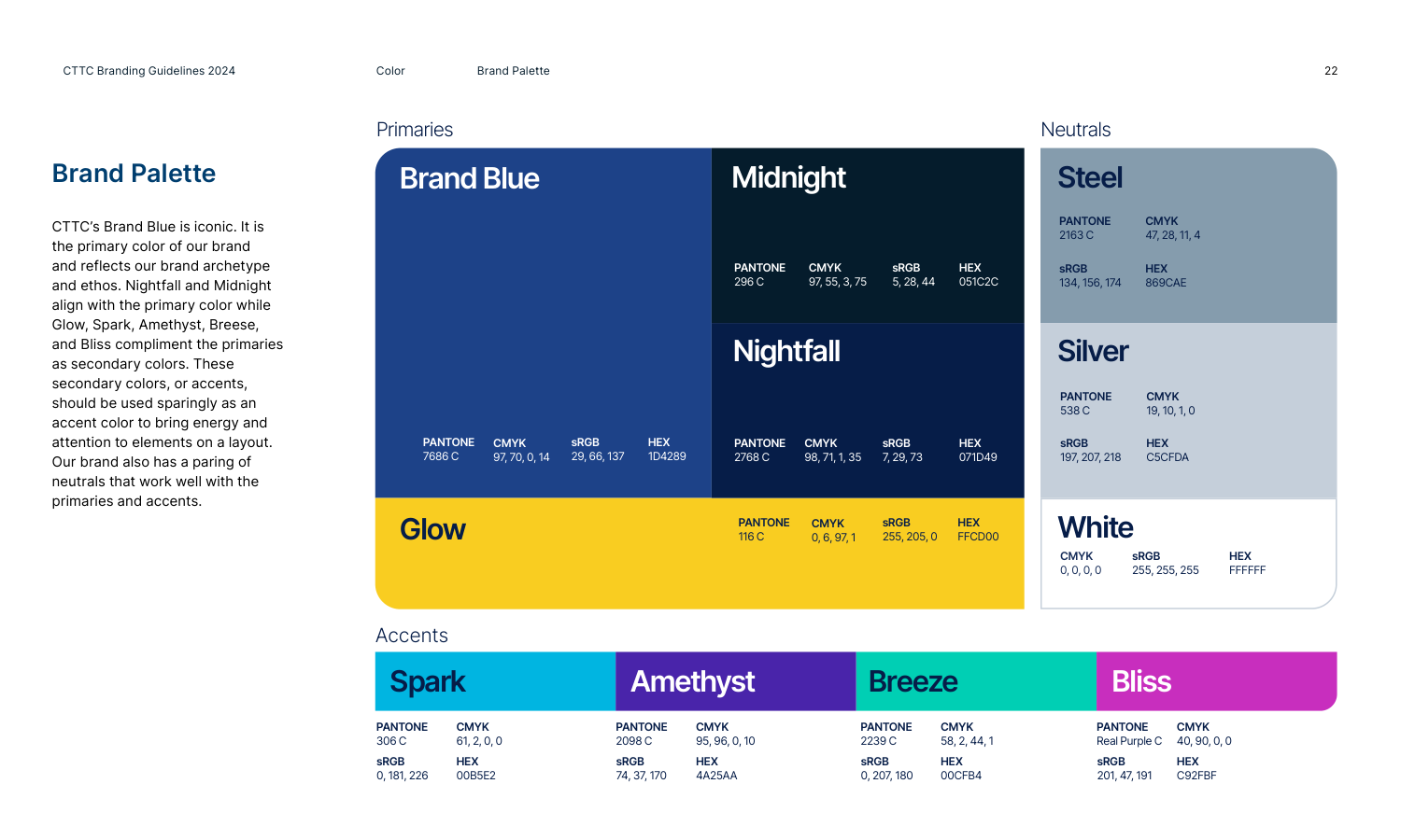CTTC brand palette — primaries, accents, and neutrals with Pantone and hex values