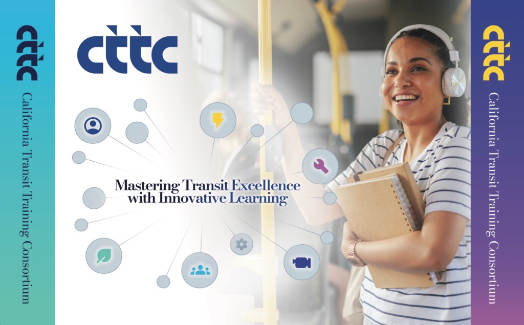 CTTC trade show booth backdrop with Noon and Dusk gradient side panels, vertical consortium name, brand promise headline, training track icon network, and learner photo on a bus