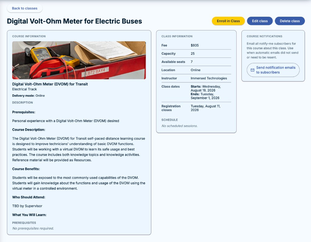 CTTC portal class detail page for Digital Volt-Ohm Meter course with enrollment, fees, and notification tools