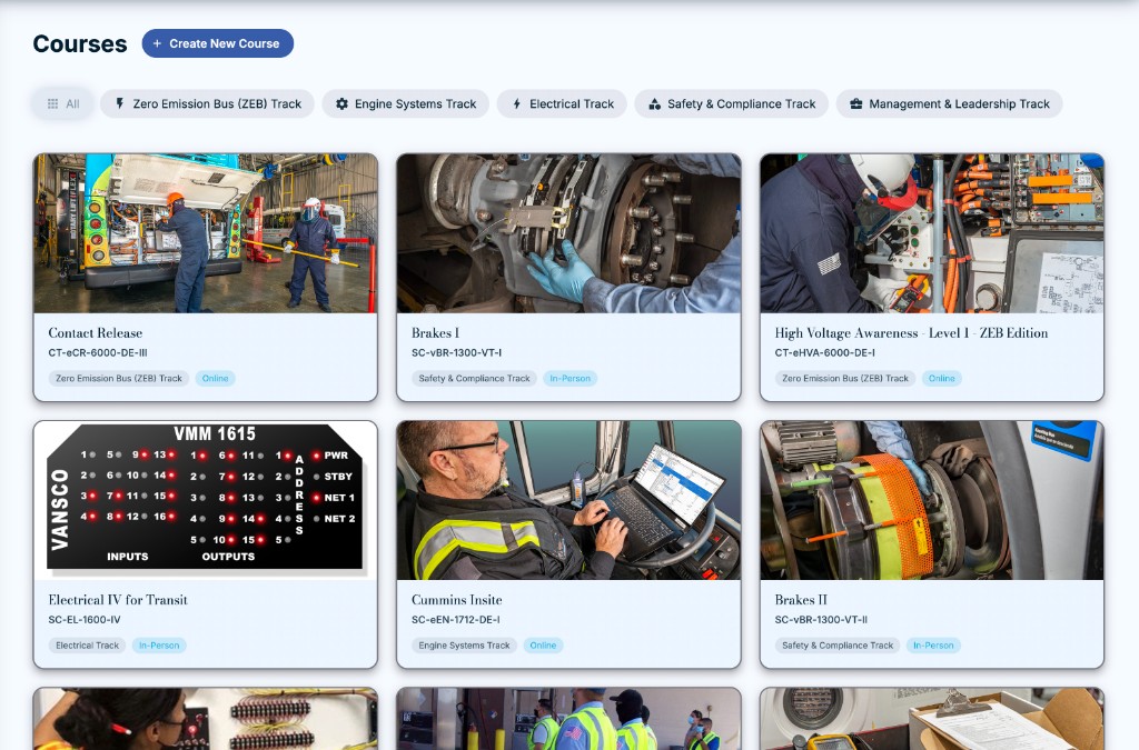 CTTC portal course catalog with track filters and course cards for electrical, ZEB, and safety training