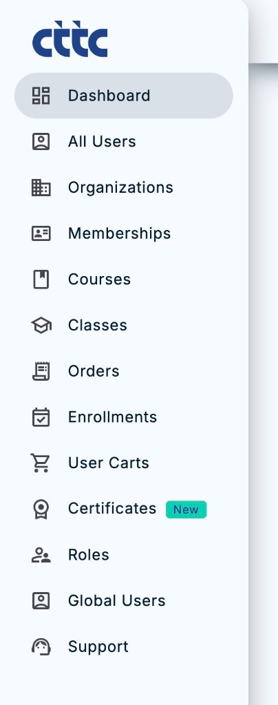 CTTC portal sidebar navigation for dashboard, courses, orders, enrollments, certificates, and support