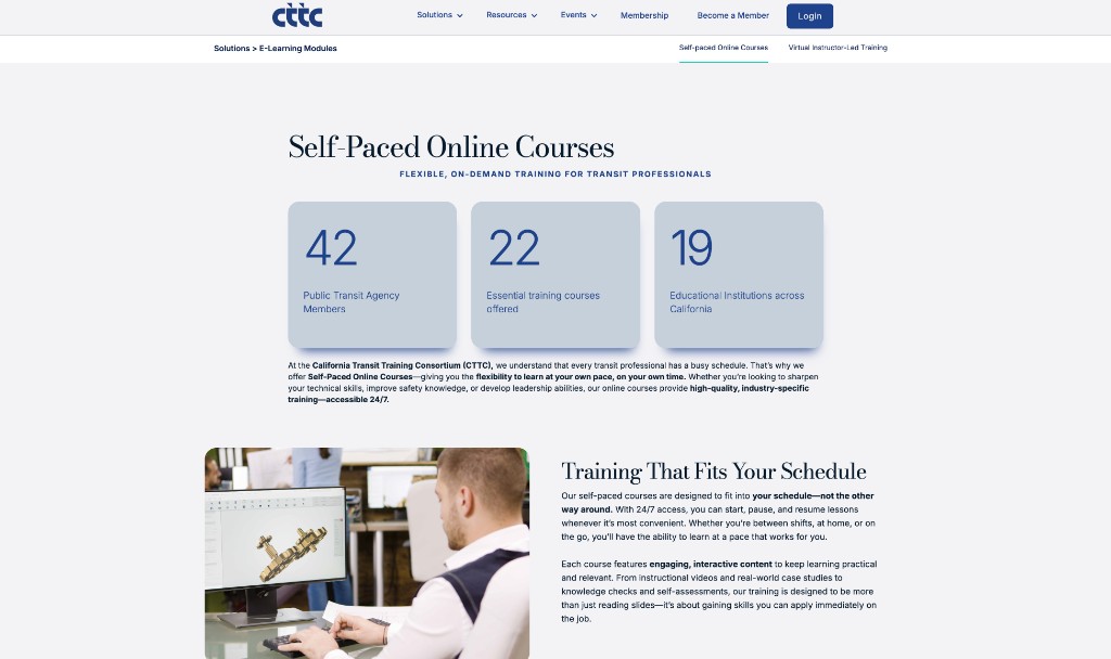CTTC self-paced online courses page with member statistics and flexible training overview