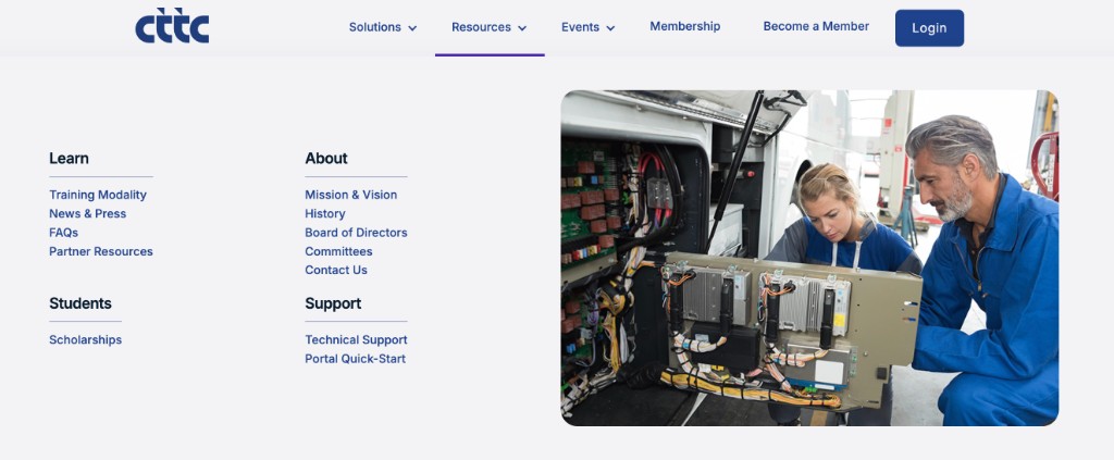 CTTC website Resources mega-menu with about, support, and portal quick-start links