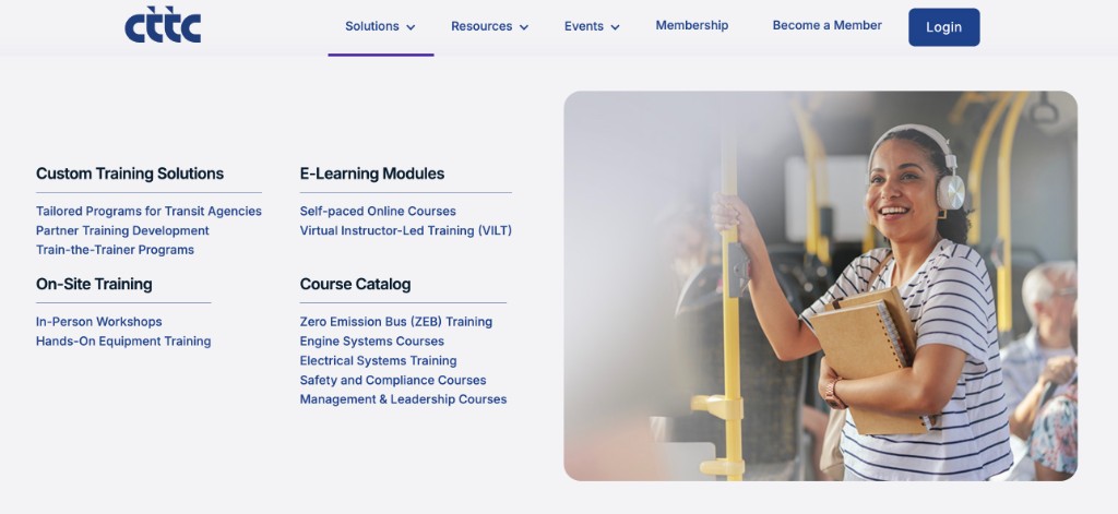 CTTC website Solutions mega-menu with training modalities and course catalog links