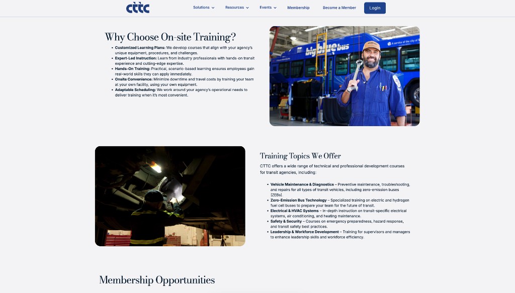 CTTC on-site training page with customized learning plans and technical course topics