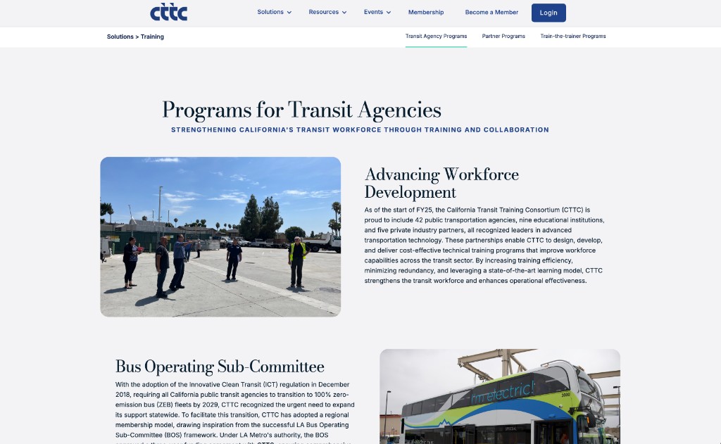 CTTC website transit agency training programs page with workforce development content on cttc.com