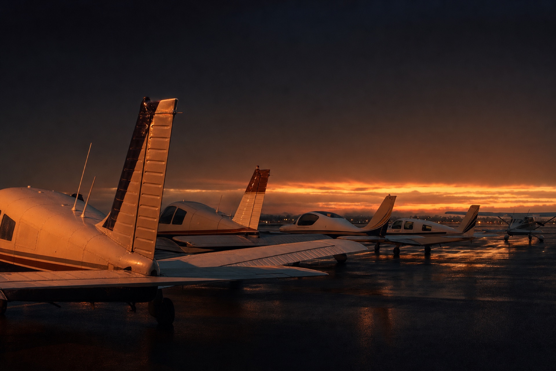 Hill Flights Aircraft page — mixed fleet lineup from rear three-quarter, tails rim-lit at dusk