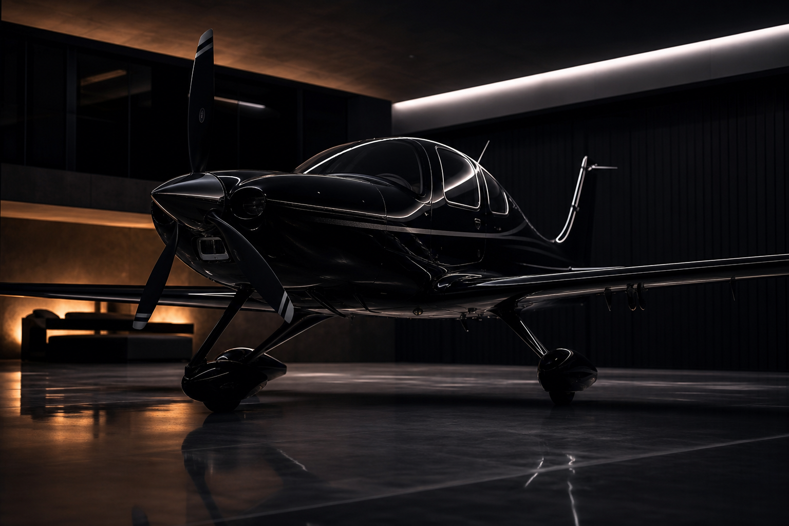 Hill Flights homepage statement band — glossy black SR22T in a luxury hangar with mirror reflections