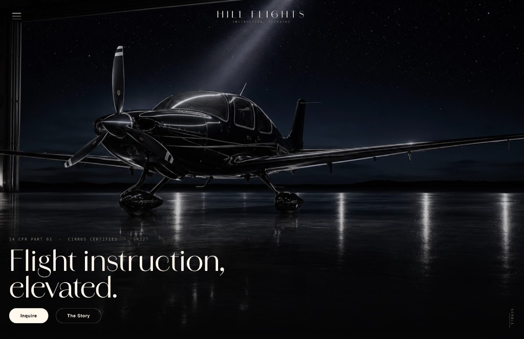 Hill Flights homepage — Flight instruction, elevated, with Cirrus SR22T in a dark hangar at night