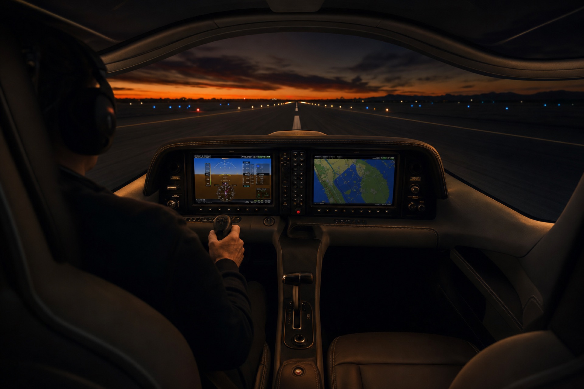 Hill Flights Inquire page — Cirrus cockpit at dawn holding short of an empty runway