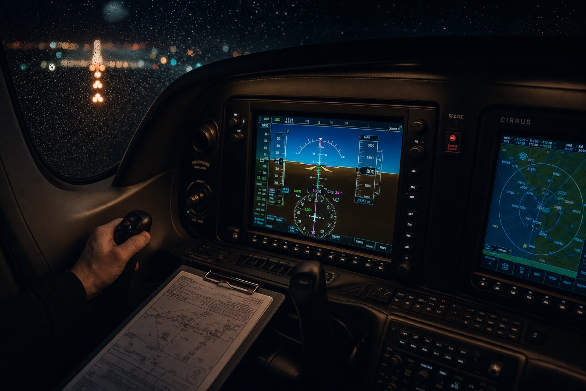 Hill Flights IFR training — Perspective+ panel at night with approach plate and rain-flecked windscreen