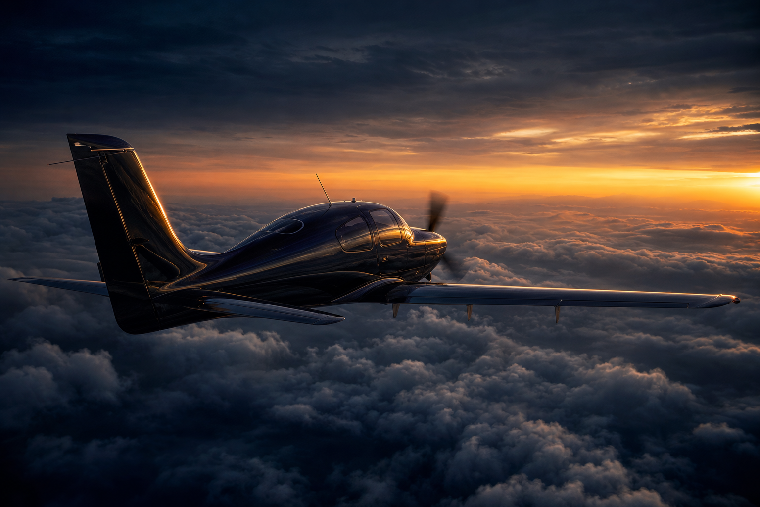 Hill Flights The Sky page — dark SR22T cruising above clouds at dusk