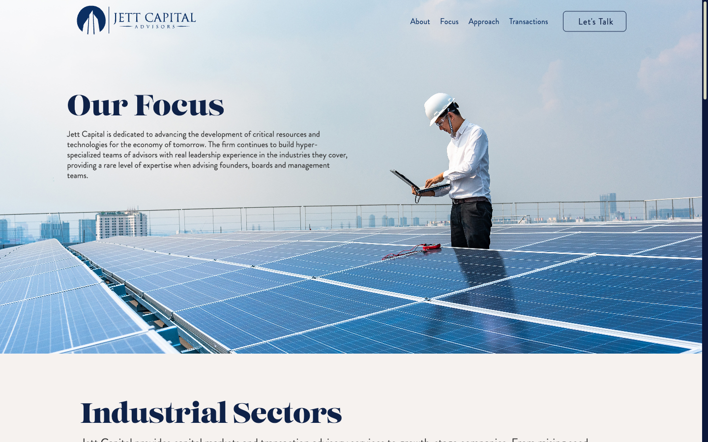 Jett Capital Focus page — industrial sectors including metals and mining, new energy finance, and venture capital