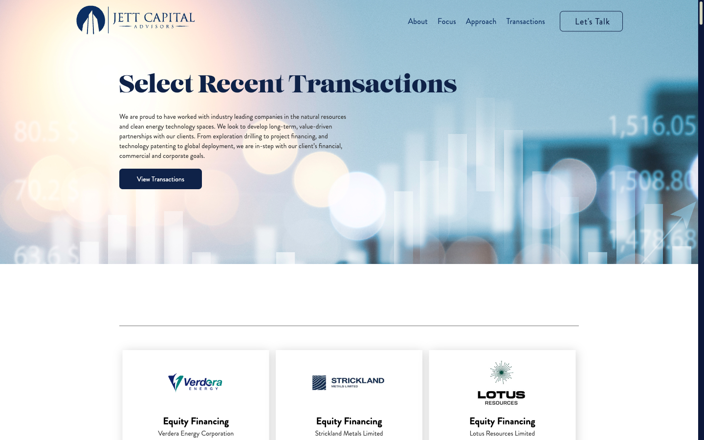 Jett Capital Transactions page — grid of recent equity financings and M&A mandates