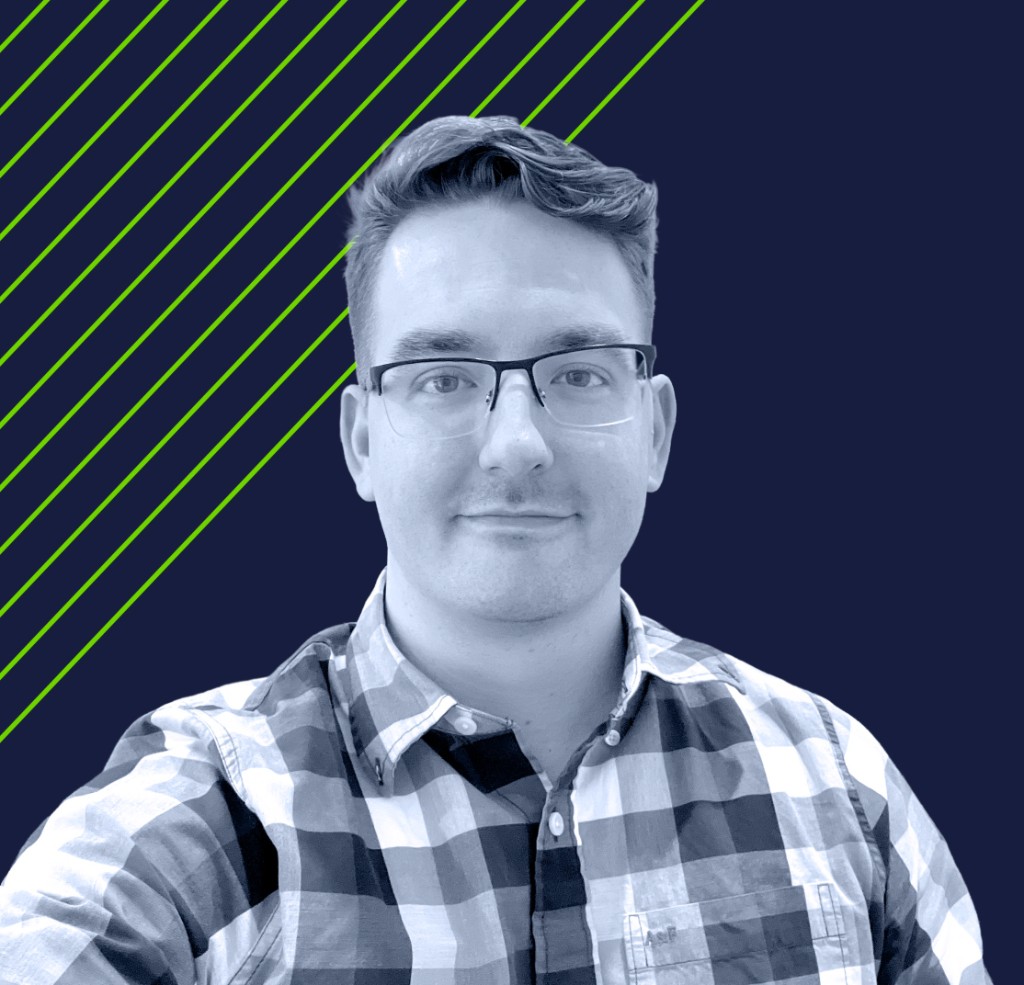 Kyle Palmer founder portrait with navy background and green diagonal accent