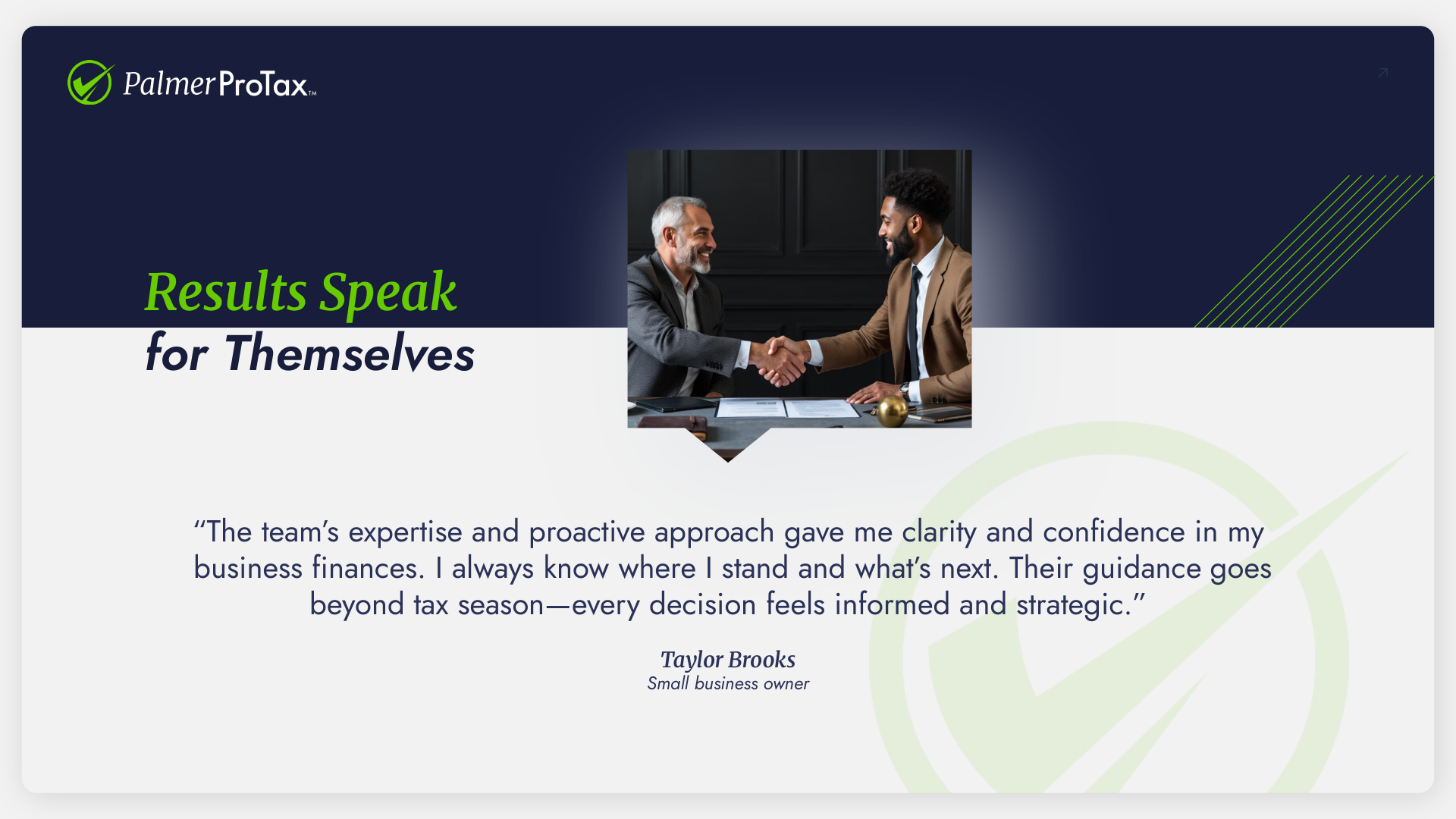 Palmer ProTax™ presentation — client testimonial quote
