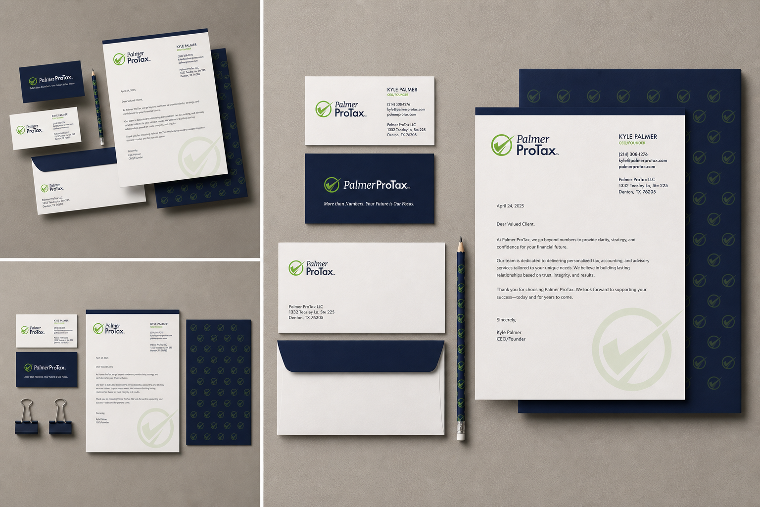 Photo-realistic Palmer ProTax™ stationery mockup — letterhead, business cards, envelopes, presentation folder, and branded pencil