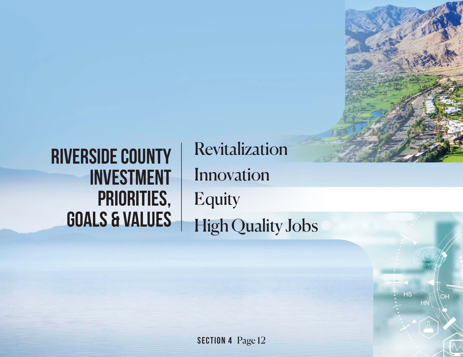 Riverside County investment priorities — equity, innovation, high quality jobs, revitalization