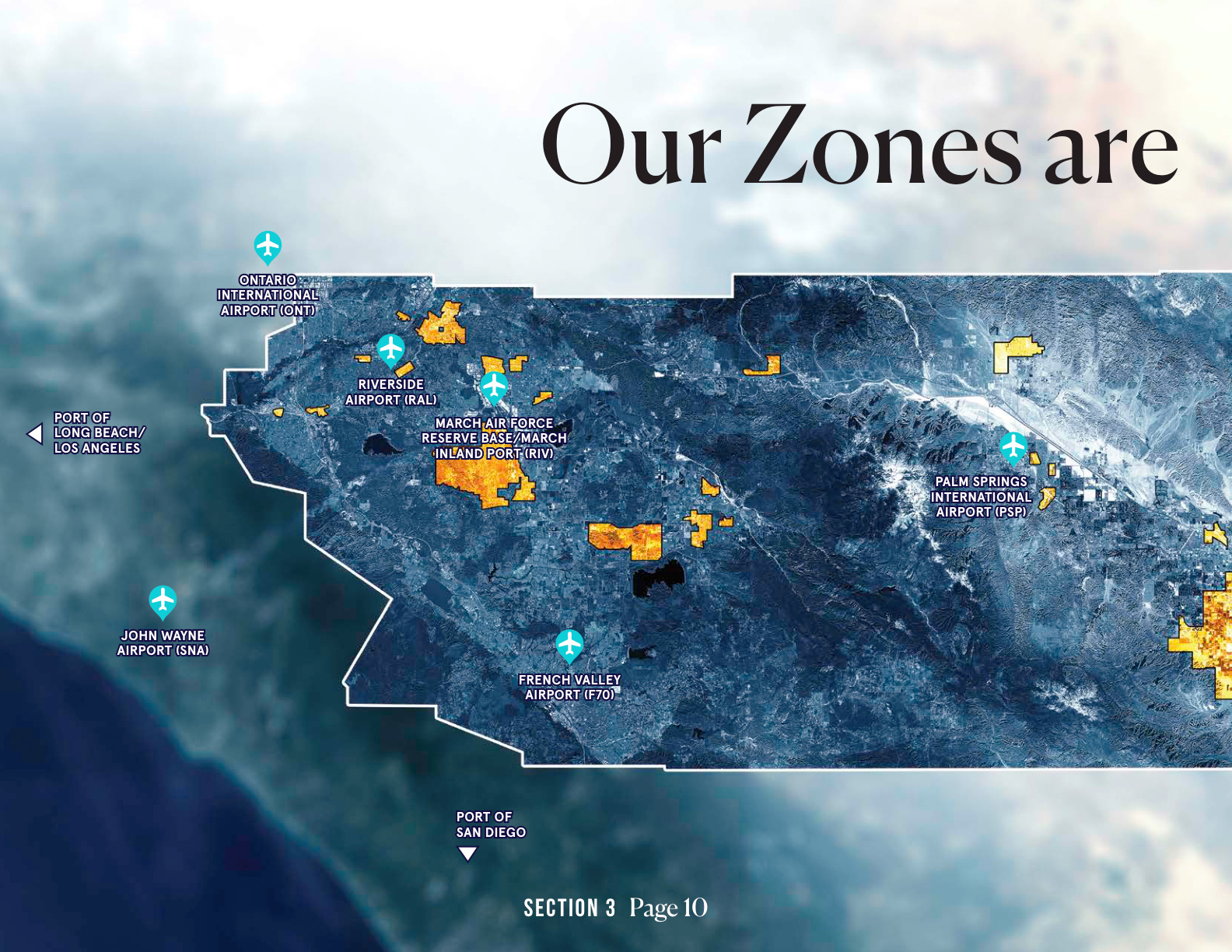 Map of Riverside County Opportunity Zones with regional airports and ports